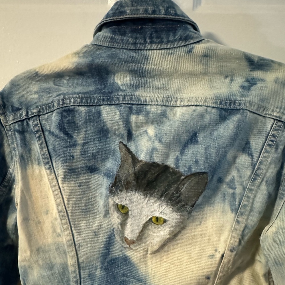 VTG 50s WRANGLER BLUE BELL DENIM SANFORIZED JACKET 34 Tie Dyed Hand Painted Cat - Picture 15 of 15